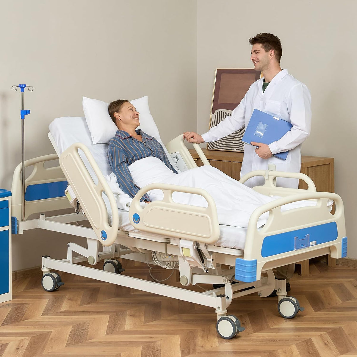 Full Electric Hospital Bed for Home Use, ICU Medical Bed, Premium 5 Function Hospital ICU Bed with Remote Control, IV Pole, Mattress, 5-Inch Lockable Quiet Casters, Includes Sheets (2X)