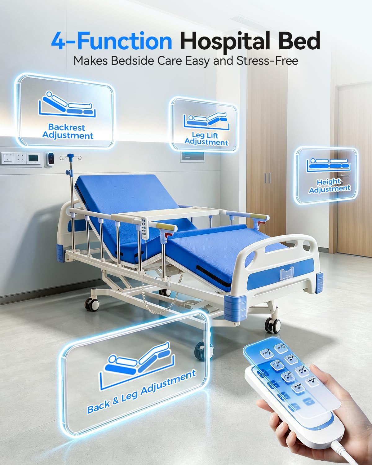 4 Function 600LBS Full Electric Hospital Bed, Beds for Home Use, Special Needs Medical Bed for Seniors with Mattress, Adjustable Hospital, Frame IV Pole, Medical Equipment Beds