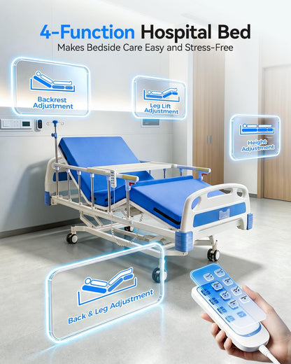 4 Function 600LBS Full Electric Hospital Bed, Beds for Home Use, Special Needs Medical Bed for Seniors with Mattress, Adjustable Hospital, Frame IV Pole, Medical Equipment Beds