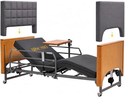 Electric Hospital Bed for Home Use – 5 Functions, Advanced German LIMOSS Motor, Double Solid Wood Panels with Upholstered Covers, Medical Overbed Table & Foldable Rails