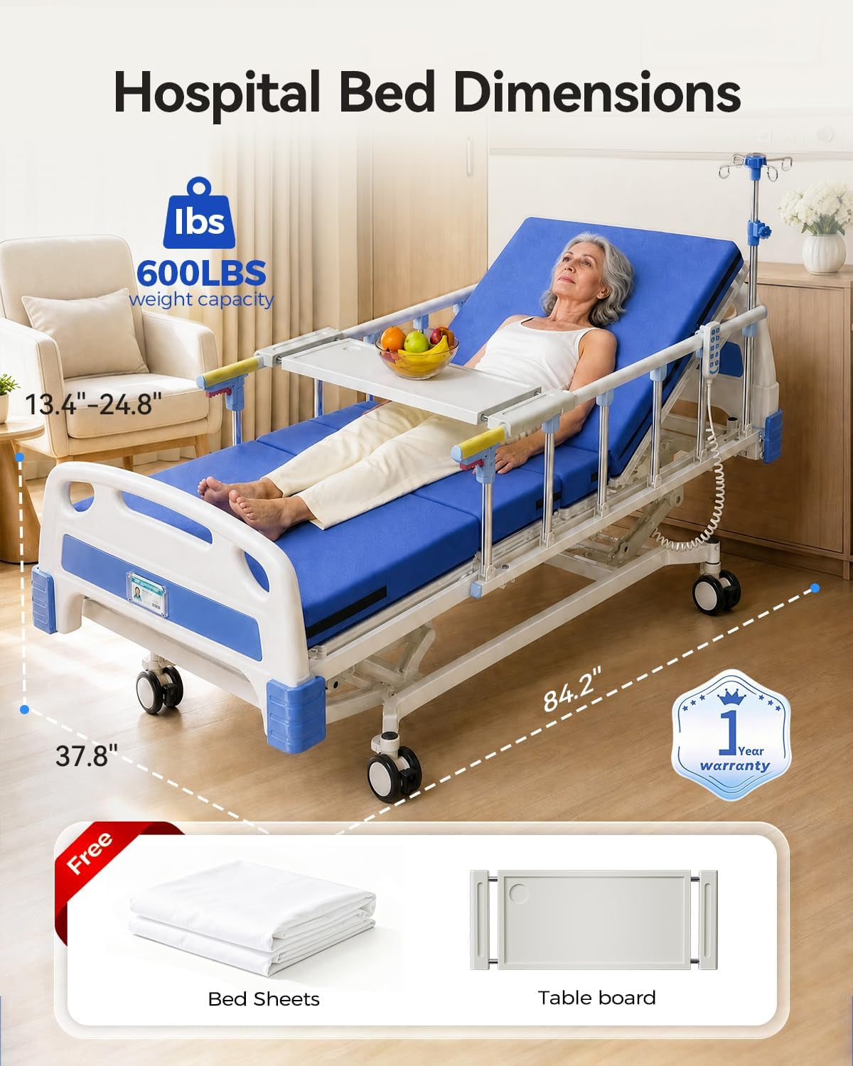 4 Function 600LBS Full Electric Hospital Bed, Beds for Home Use, Special Needs Medical Bed for Seniors with Mattress, Adjustable Hospital, Frame IV Pole, Medical Equipment Beds