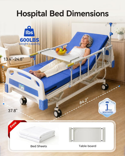 4 Function 600LBS Full Electric Hospital Bed, Beds for Home Use, Special Needs Medical Bed for Seniors with Mattress, Adjustable Hospital, Frame IV Pole, Medical Equipment Beds
