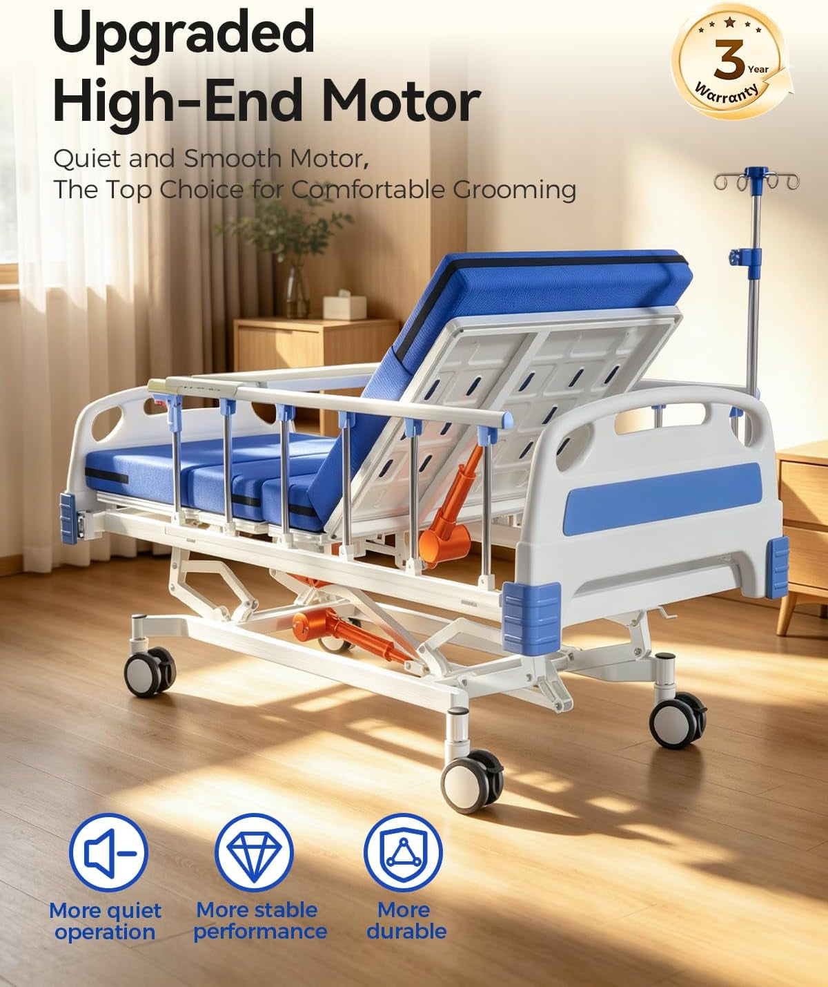 4 Function 600LBS Full Electric Hospital Bed, Beds for Home Use, Special Needs Medical Bed for Seniors with Mattress, Adjustable Hospital, Frame IV Pole, Medical Equipment Beds