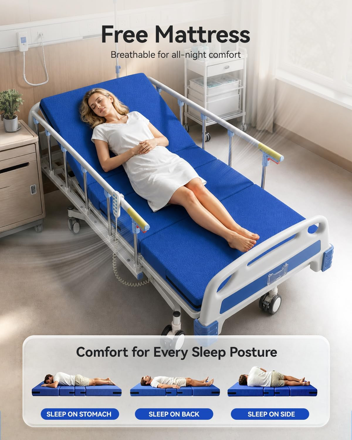 4 Function 600LBS Full Electric Hospital Bed, Beds for Home Use, Special Needs Medical Bed for Seniors with Mattress, Adjustable Hospital, Frame IV Pole, Medical Equipment Beds