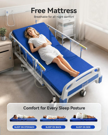 4 Function 600LBS Full Electric Hospital Bed, Beds for Home Use, Special Needs Medical Bed for Seniors with Mattress, Adjustable Hospital, Frame IV Pole, Medical Equipment Beds