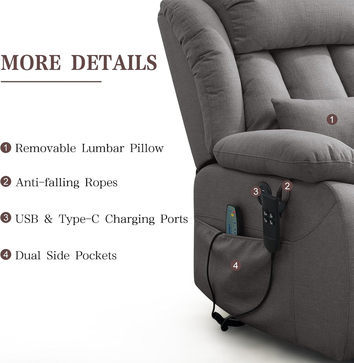 Infinite Position Lay Flat Power Lift Recliner Chair for Elderly, Grey