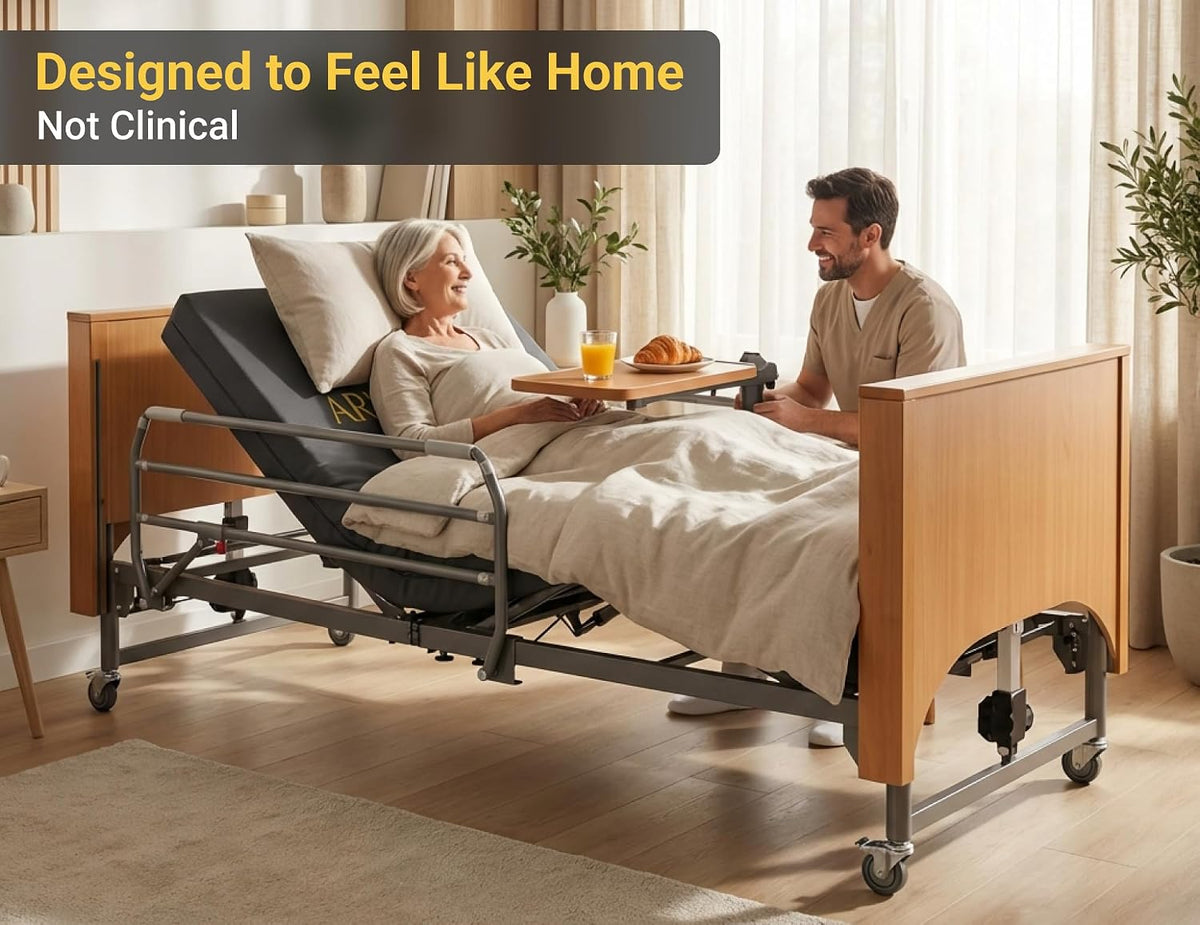 Electric Hospital Bed for Home Use – 5 Functions, Advanced German LIMOSS Motor, Double Solid Wood Panels with Upholstered Covers, Medical Overbed Table & Foldable Rails