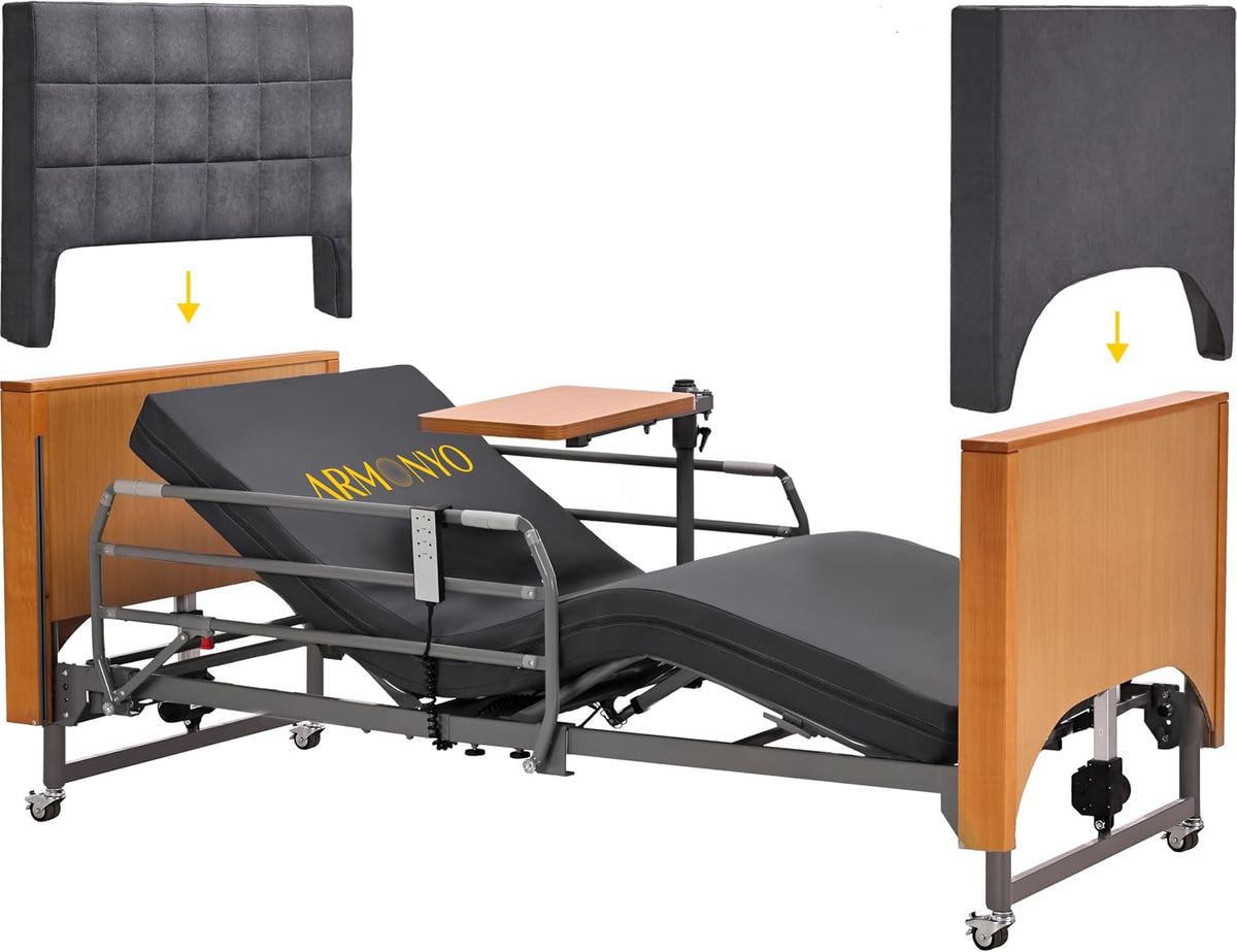 Electric Hospital Bed for Home Use – 5 Functions, Advanced German LIMOSS Motor, Double Solid Wood Panels with Upholstered Covers, Medical Overbed Table & Foldable Rails