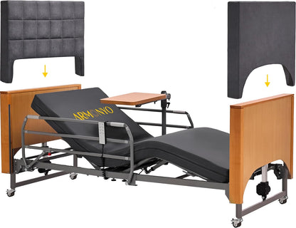 Electric Hospital Bed for Home Use – 5 Functions, Advanced German LIMOSS Motor, Double Solid Wood Panels with Upholstered Covers, Medical Overbed Table & Foldable Rails