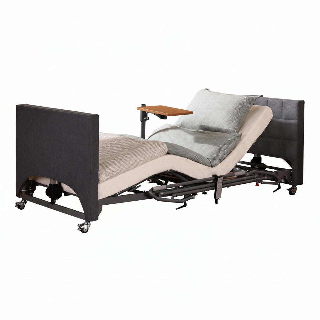 Electric Hospital Bed for Home Use – 5 Functions, Advanced German LIMOSS Motor, Double Solid Wood Panels with Upholstered Covers, Medical Overbed Table & Foldable Rails