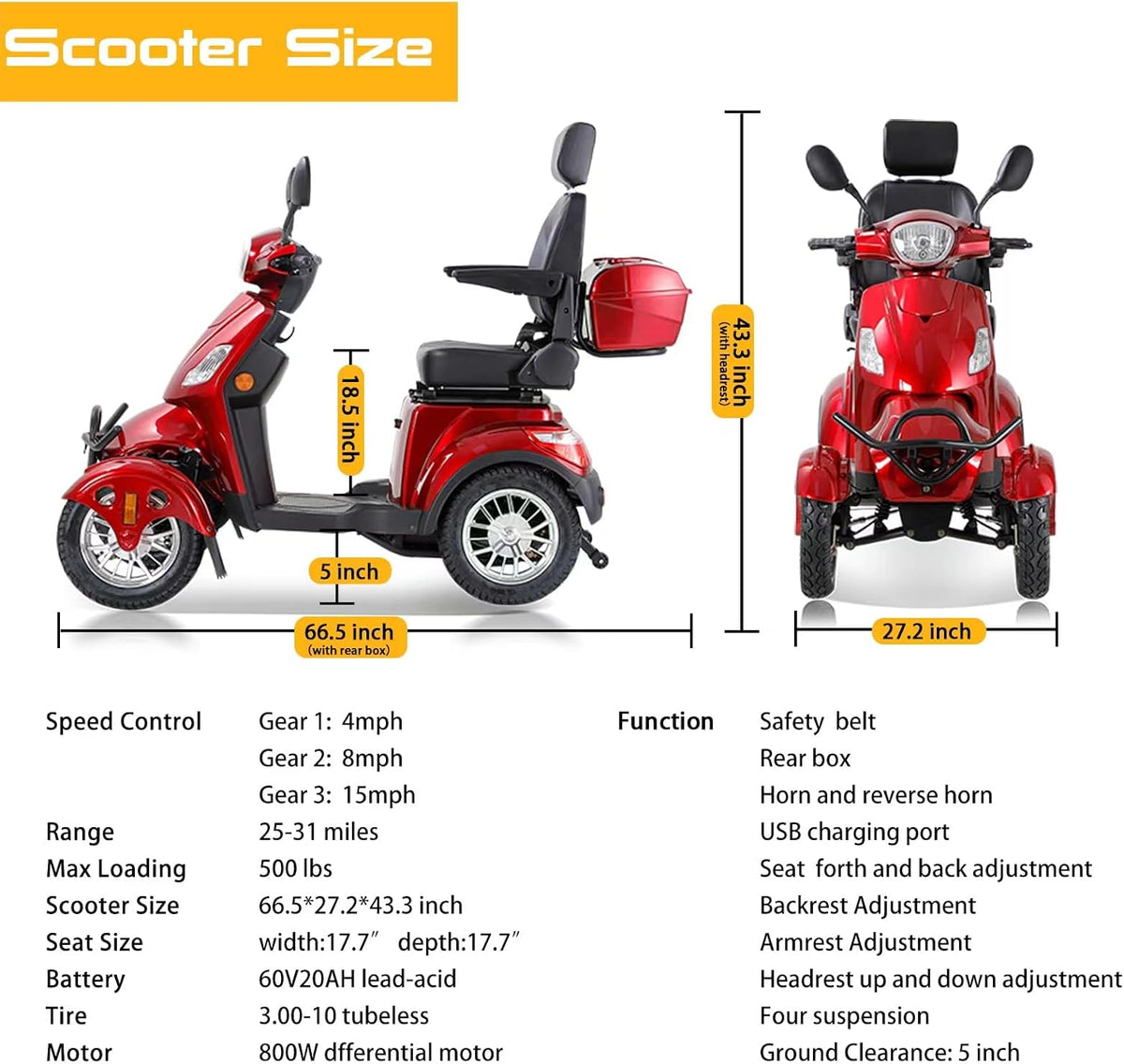 Mobility Scooters for Seniors & Adults 500Lbs Capacity - 800W All Terrain Electric Powered Mobility Cart - Heavy Duty Mobility Scooter for Elderly W/Charger Remote Keys (Red)