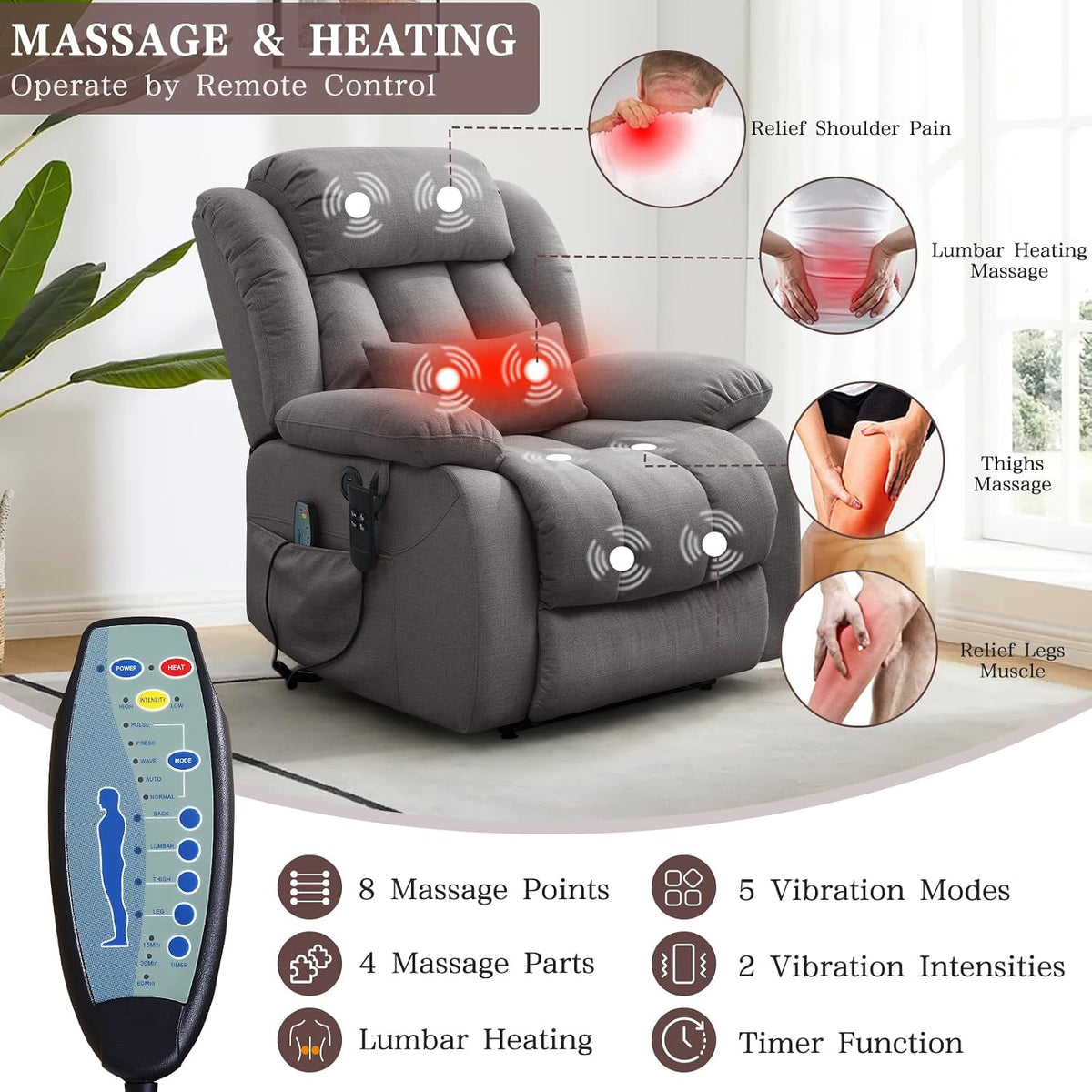 Infinite Position Lay Flat Power Lift Recliner Chair for Elderly, Grey