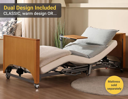 Electric Hospital Bed for Home Use – 5 Functions, Advanced German LIMOSS Motor, Double Solid Wood Panels with Upholstered Covers, Medical Overbed Table & Foldable Rails