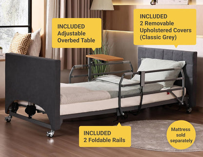 Electric Hospital Bed for Home Use – 5 Functions, Advanced German LIMOSS Motor, Double Solid Wood Panels with Upholstered Covers, Medical Overbed Table & Foldable Rails