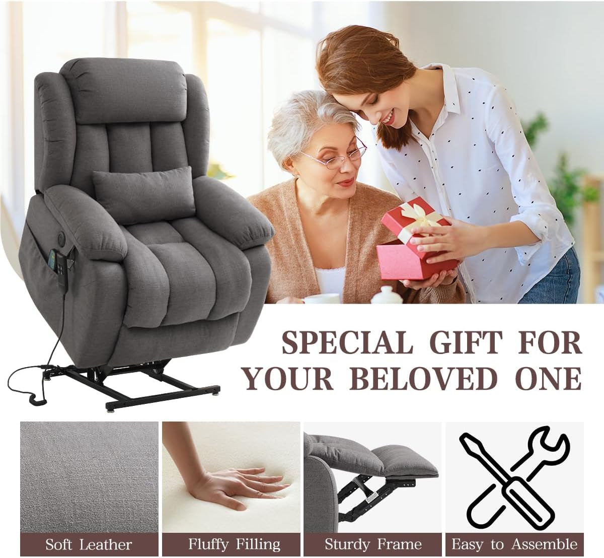 Infinite Position Lay Flat Power Lift Recliner Chair for Elderly, Grey