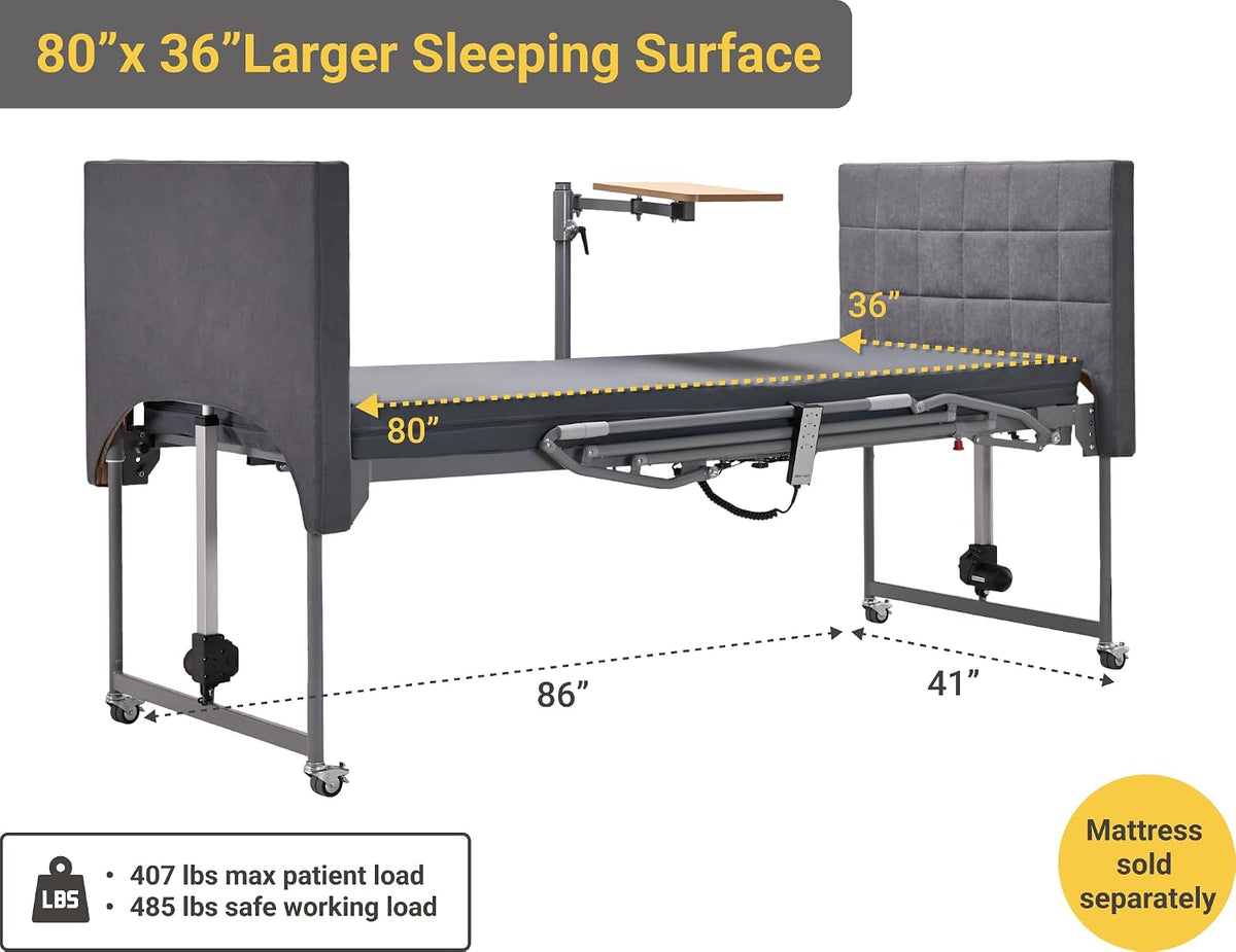 Electric Hospital Bed for Home Use – 5 Functions, Advanced German LIMOSS Motor, Double Solid Wood Panels with Upholstered Covers, Medical Overbed Table & Foldable Rails