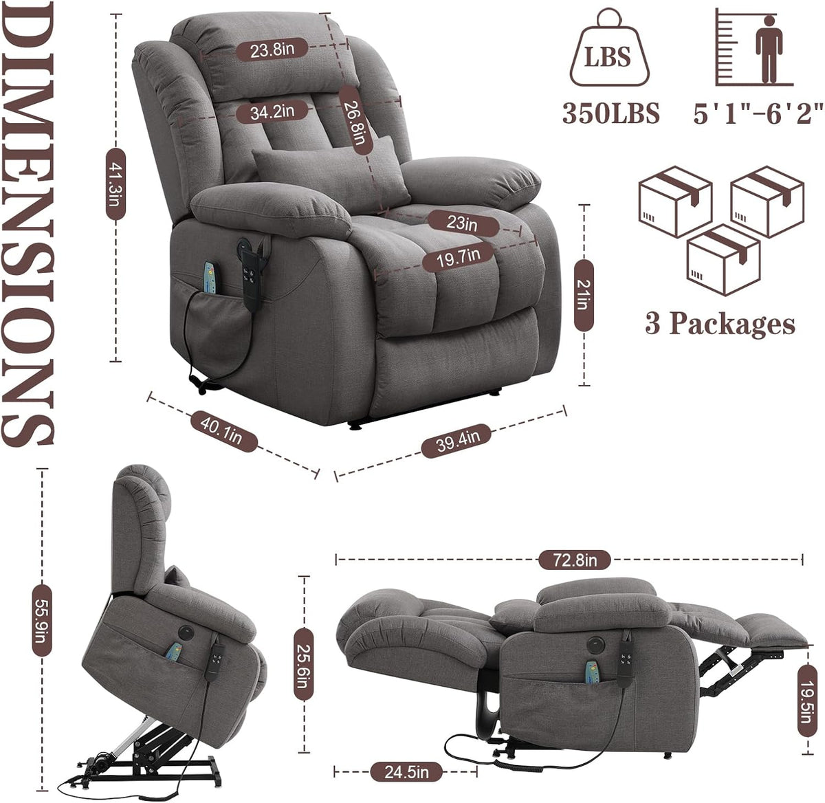 Infinite Position Lay Flat Power Lift Recliner Chair for Elderly, Grey