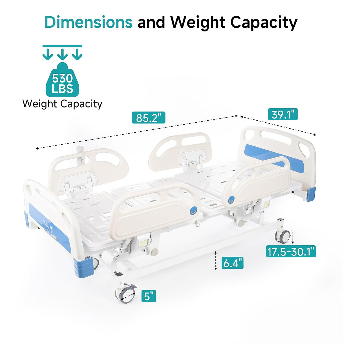 Full Electric Hospital Bed for Home Use, ICU Medical Bed, Premium 5 Function Hospital ICU Bed with Remote Control, IV Pole, Mattress, 5-Inch Lockable Quiet Casters, Includes Sheets (2X)