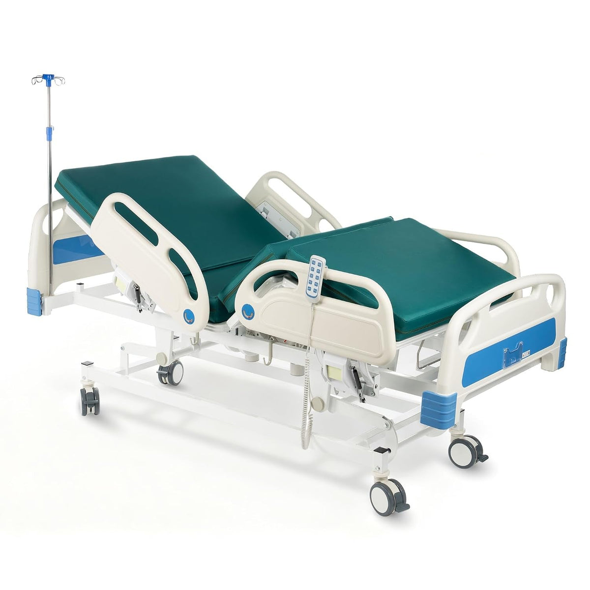 Full Electric Hospital Bed for Home Use, ICU Medical Bed, Premium 5 Function Hospital ICU Bed with Remote Control, IV Pole, Mattress, 5-Inch Lockable Quiet Casters, Includes Sheets (2X)
