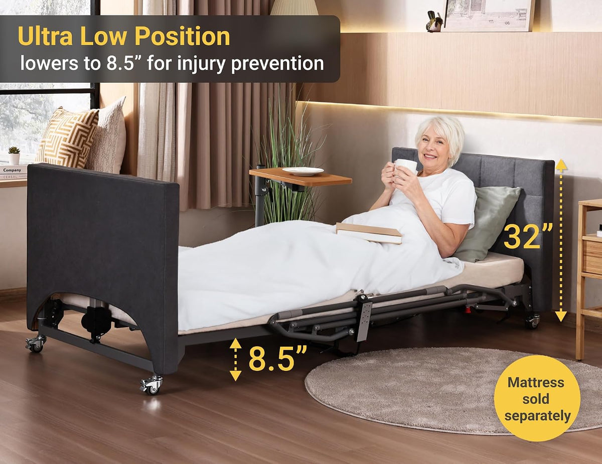 Electric Hospital Bed for Home Use – 5 Functions, Advanced German LIMOSS Motor, Double Solid Wood Panels with Upholstered Covers, Medical Overbed Table & Foldable Rails