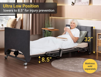 Electric Hospital Bed for Home Use – 5 Functions, Advanced German LIMOSS Motor, Double Solid Wood Panels with Upholstered Covers, Medical Overbed Table & Foldable Rails