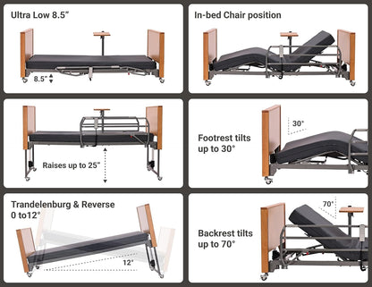 Electric Hospital Bed for Home Use – 5 Functions, Advanced German LIMOSS Motor, Double Solid Wood Panels with Upholstered Covers, Medical Overbed Table & Foldable Rails