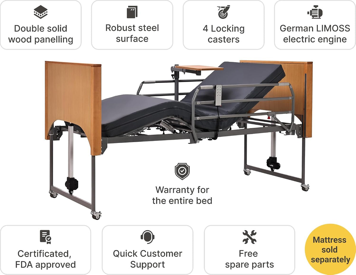 Electric Hospital Bed for Home Use – 5 Functions, Advanced German LIMOSS Motor, Double Solid Wood Panels with Upholstered Covers, Medical Overbed Table & Foldable Rails