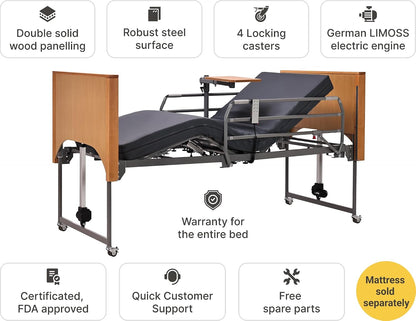 Electric Hospital Bed for Home Use – 5 Functions, Advanced German LIMOSS Motor, Double Solid Wood Panels with Upholstered Covers, Medical Overbed Table & Foldable Rails