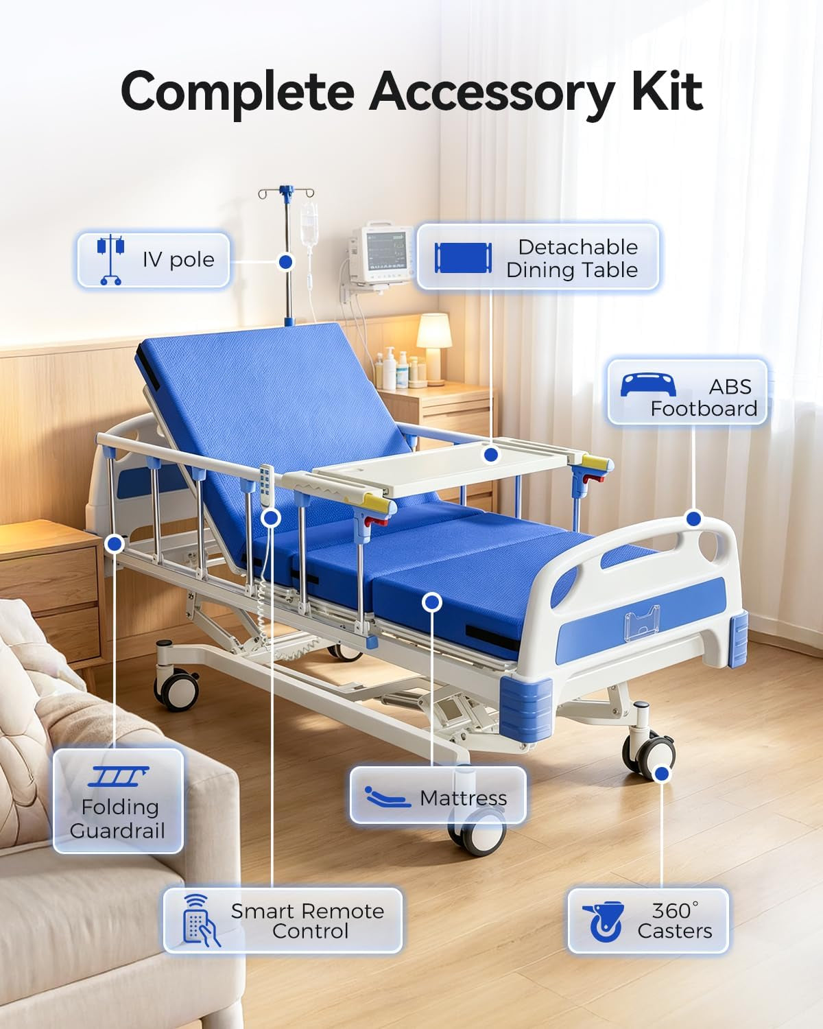 4 Function 600LBS Full Electric Hospital Bed, Beds for Home Use, Special Needs Medical Bed for Seniors with Mattress, Adjustable Hospital, Frame IV Pole, Medical Equipment Beds