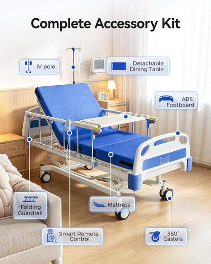 4 Function 600LBS Full Electric Hospital Bed, Beds for Home Use, Special Needs Medical Bed for Seniors with Mattress, Adjustable Hospital, Frame IV Pole, Medical Equipment Beds